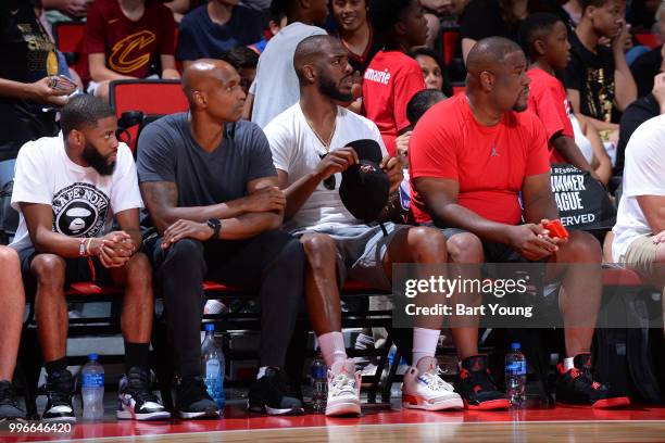 Chris Paul of the Houston Rockets looks on during the game between the Indiana Pacers and the Cleveland Cavaliers during the 2018 Las Vegas Summer...