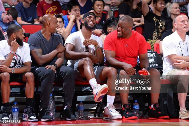 Chris Paul of the Houston Rockets looks on during the game between the Indiana Pacers and the Cleveland Cavaliers during the 2018 Las Vegas Summer...