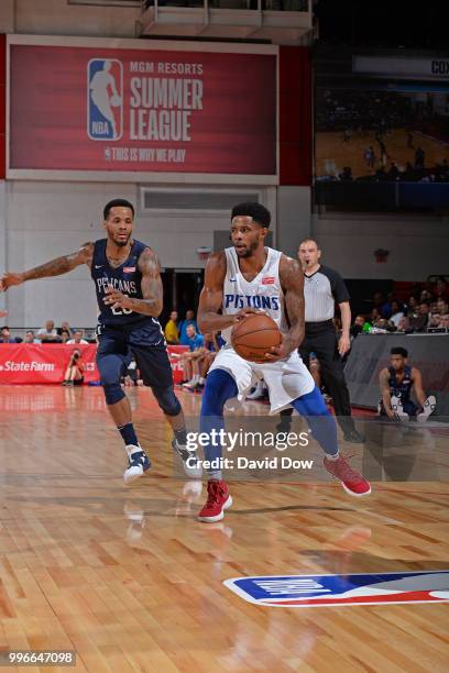 Larry Drew II of the Detroit Pistons handles the ball against the New Orleans Pelicans during the 2018 Las Vegas Summer League on July 9, 2018 at the...