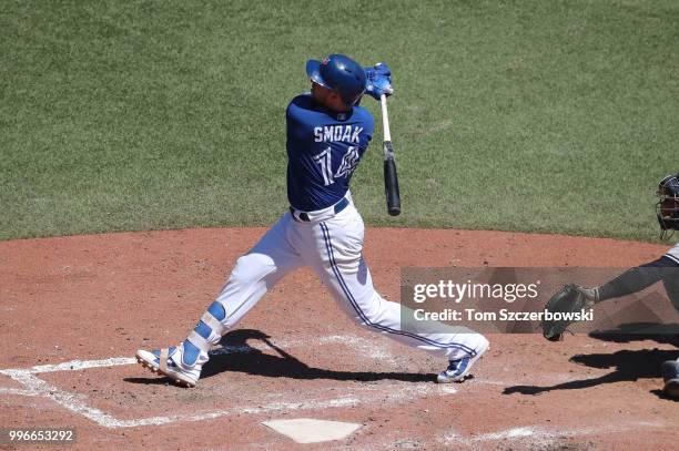 Justin Smoak of the Toronto Blue Jays hits a long foul ball to right field before grounding out later in the at bat in the eighth inning during MLB...