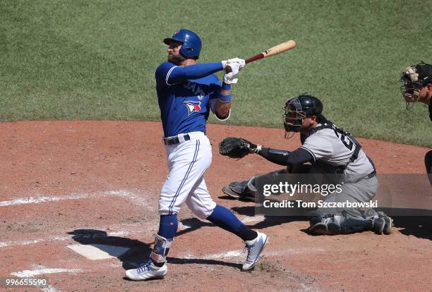 Kevin Pillar of the Toronto Blue Jays bats in the eighth inning during MLB game action against the New York Yankees at Rogers Centre on July 8, 2018...