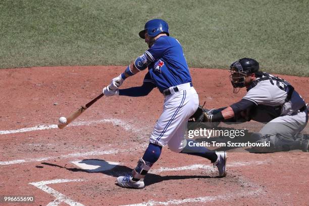 Kevin Pillar of the Toronto Blue Jays bats in the sixth inning during MLB game action against the New York Yankees at Rogers Centre on July 8, 2018...