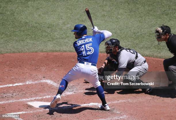 Randal Grichuk of the Toronto Blue Jays bats in the fourth inning during MLB game action against the New York Yankees at Rogers Centre on July 8,...