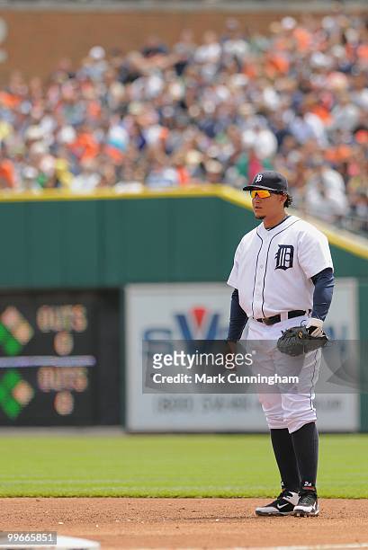 Miguel Cabrera of the Detroit Tigers looks on against the Boston Red Sox during the game at Comerica Park on May 16, 2010 in Detroit, Michigan. The...