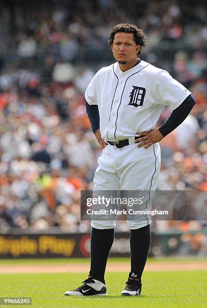 Miguel Cabrera of the Detroit Tigers looks on against the Boston Red Sox during the game at Comerica Park on May 16, 2010 in Detroit, Michigan. The...