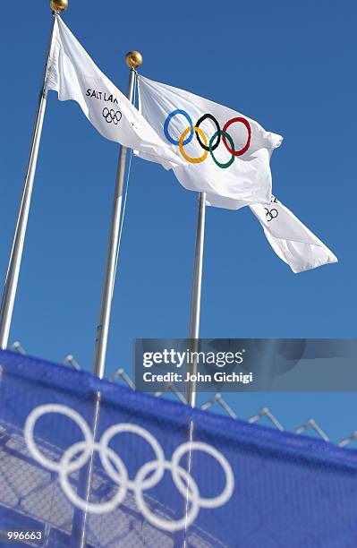 Olympic flags wave in the morning breeze outside the Main Media Center during the Salt Lake City Winter Olympic Games on February 9, 2002 in Salt...