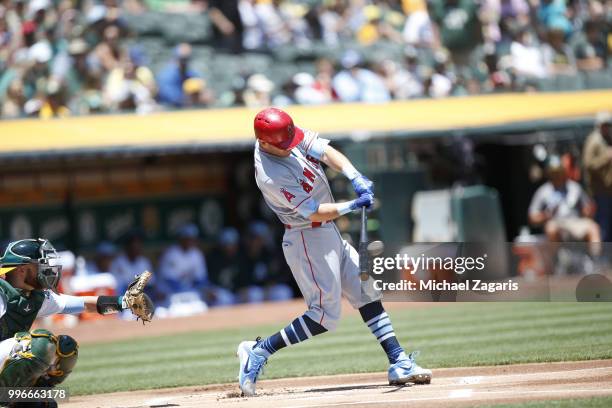 Ian Kinsler of the Los Angeles Angels of Anaheim bats during the game against the Oakland Athletics at the Oakland Alameda Coliseum on June 17, 2018...