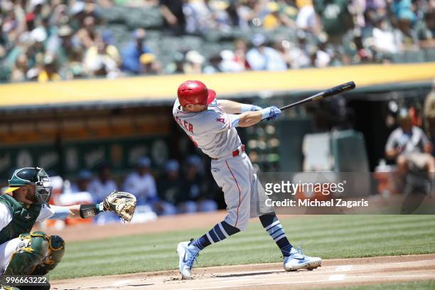 Ian Kinsler of the Los Angeles Angels of Anaheim bats during the game against the Oakland Athletics at the Oakland Alameda Coliseum on June 17, 2018...