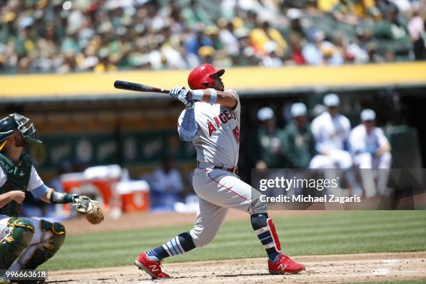 Luis Valbuena of the Los Angeles Angels of Anaheim bats during the game against the Oakland Athletics at the Oakland Alameda Coliseum on June 17,...