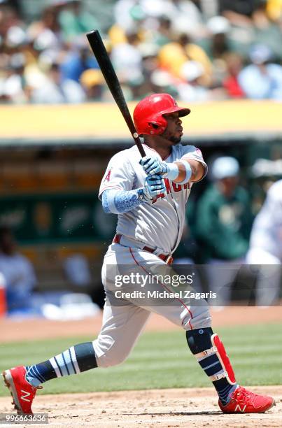 Luis Valbuena of the Los Angeles Angels of Anaheim bats during the game against the Oakland Athletics at the Oakland Alameda Coliseum on June 17,...