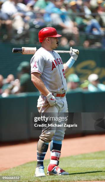 Mike Trout of the Los Angeles Angels of Anaheim stands in the ondeck circle during the game against the Oakland Athletics at the Oakland Alameda...