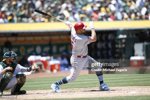 Albert Pujols of the Los Angeles Angels of Anaheim bats during the game against the Oakland Athletics at the Oakland Alameda Coliseum on June 17,...