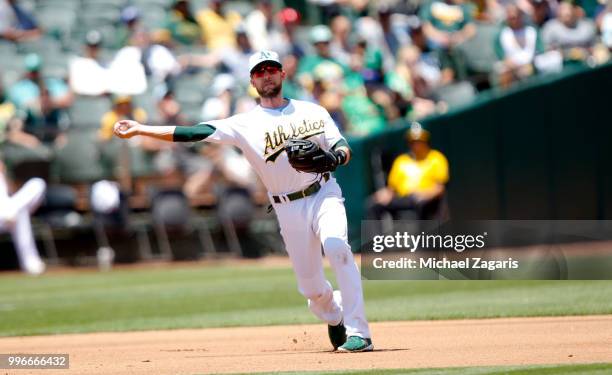 Jed Lowrie of the Oakland Athletics fields during the game against the Los Angeles Angels of Anaheim at the Oakland Alameda Coliseum on June 17, 2018...