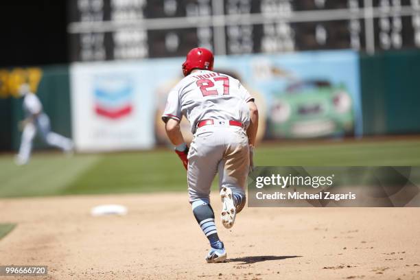 Mike Trout of the Los Angeles Angels of Anaheim runs the bases during the game against the Oakland Athletics at the Oakland Alameda Coliseum on June...