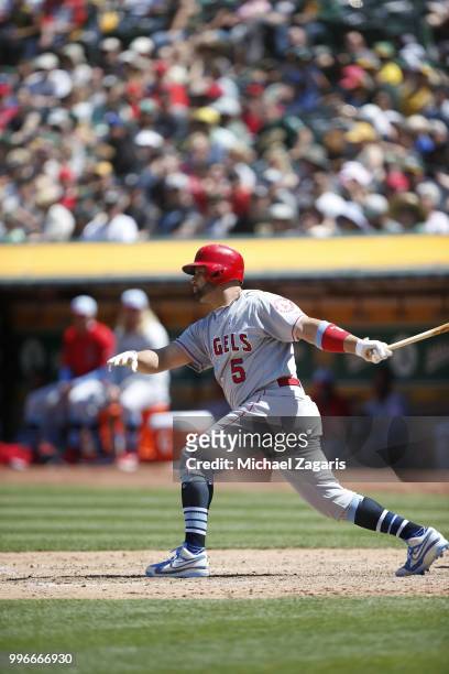 Albert Pujols of the Los Angeles Angels of Anaheim bats during the game against the Oakland Athletics at the Oakland Alameda Coliseum on June 17,...