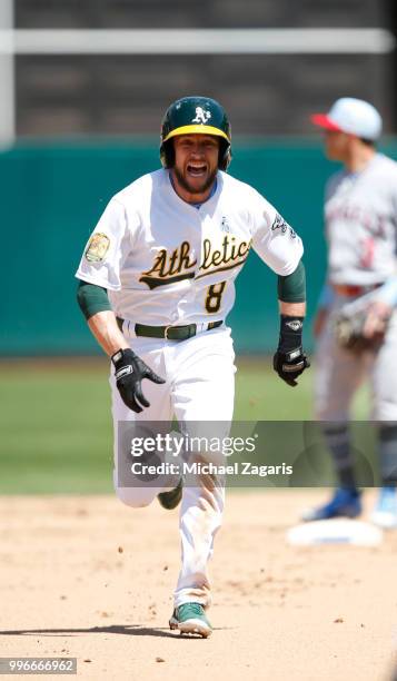 Jed Lowrie of the Oakland Athletics runs the bases during the game against the Los Angeles Angels of Anaheim at the Oakland Alameda Coliseum on June...