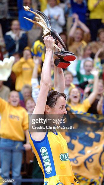 Liz Ellis of the Swifts holds up the Commonwealth Bank Trophy after taking victory in the Commonwealth Bank Trophy Netball Grand final between the...