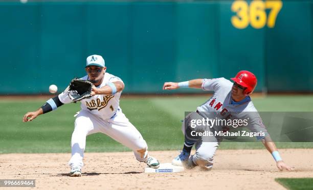 Ian Kinsler of the Los Angeles Angels of Anaheim slides into second as Franklin Barreto of the Oakland Athletics takes a late throw during the game...