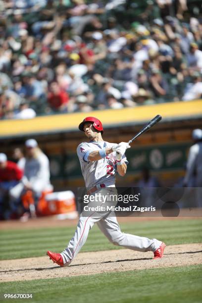 Andrelton Simmons of the Los Angeles Angels of Anaheim bats during the game against the Oakland Athletics at the Oakland Alameda Coliseum on June 17,...