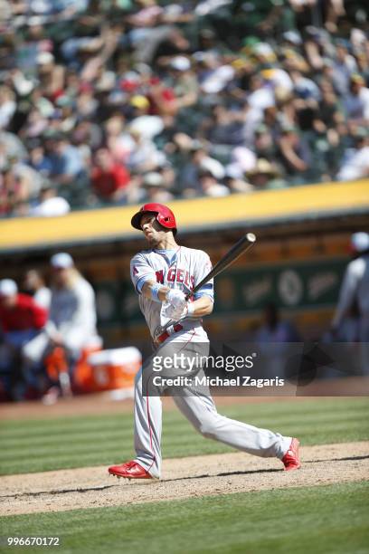 Andrelton Simmons of the Los Angeles Angels of Anaheim bats during the game against the Oakland Athletics at the Oakland Alameda Coliseum on June 17,...