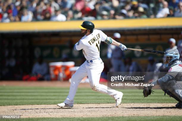 Dustin Fowler of the Oakland Athletics bats during the game against the Los Angeles Angels of Anaheim at the Oakland Alameda Coliseum on June 17,...