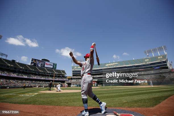 Albert Pujols of the Los Angeles Angels of Anaheim stands in the ondeck circle during the game against the Oakland Athletics at the Oakland Alameda...