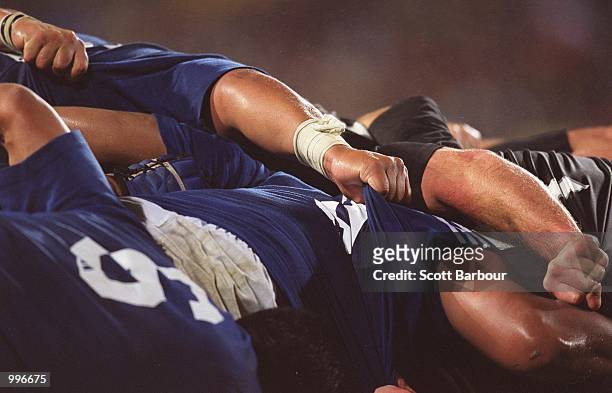 General view of a scrum during the rugby international match between the New Zealand All Blacks and Samoa held at North Harbour Stadium, Auckland,...