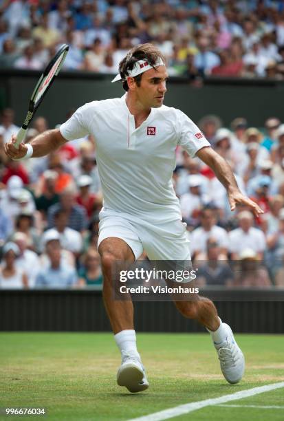 Roger Federer of Switzerland during his fourth round match against Adrian Mannarino of France on day seven of the Wimbledon Lawn Tennis Championships...