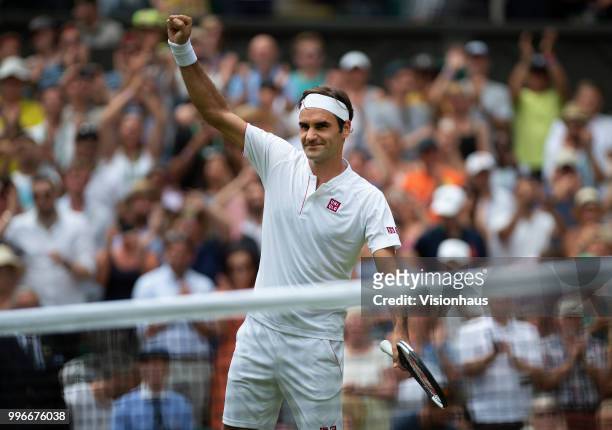 Roger Federer of Switzerland during his fourth round match against Adrian Mannarino of France on day seven of the Wimbledon Lawn Tennis Championships...