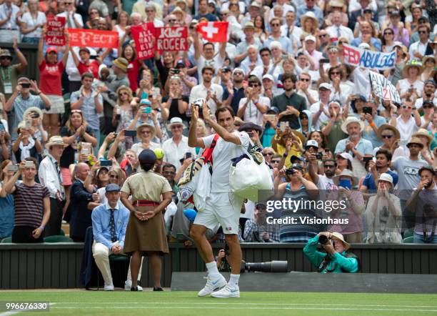 Roger Federer of Switzerland during his fourth round match against Adrian Mannarino of France on day seven of the Wimbledon Lawn Tennis Championships...