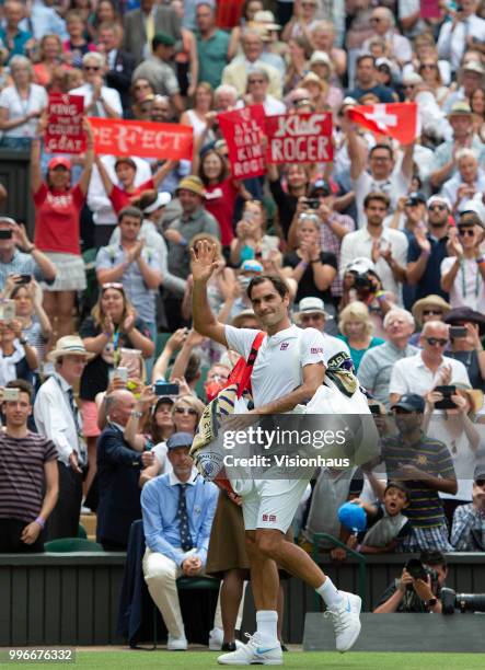 Roger Federer of Switzerland during his fourth round match against Adrian Mannarino of France on day seven of the Wimbledon Lawn Tennis Championships...