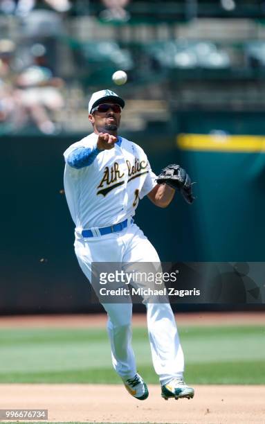 Marcus Semien of the Oakland Athletics fields during the game against the Los Angeles Angels of Anaheim at the Oakland Alameda Coliseum on June 17,...