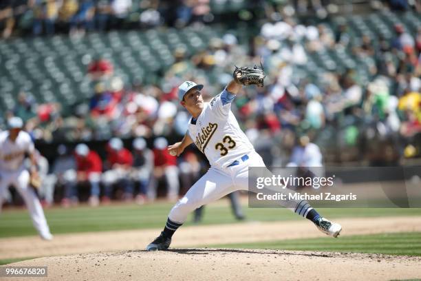 Daniel Mengden of the Oakland Athletics pitches during the game against the Los Angeles Angels of Anaheim at the Oakland Alameda Coliseum on June 17,...