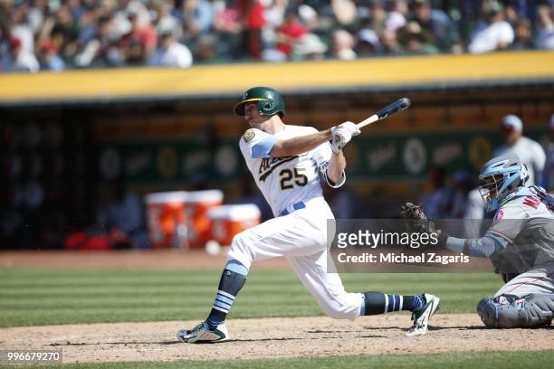 Stephen Piscotty of the Oakland Athletics bats during the game against the Los Angeles Angels of Anaheim at the Oakland Alameda Coliseum on June 17,...