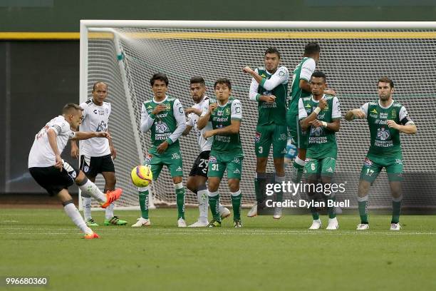 Christian Gimenez of CF Pachuca scores a goal on a free kick in the second half against Club Leon at Miller Park on July 11, 2018 in Milwaukee,...