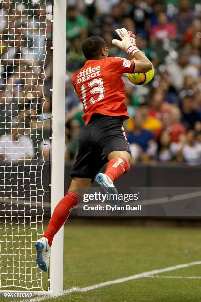 Alfonso Blanco of CF Pachuca makes a save in the second half against Club Leon at Miller Park on July 11, 2018 in Milwaukee, Wisconsin.