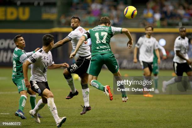 Mauro Boselli of Club Leon attempts a header in the second half against CF Pachuca at Miller Park on July 11, 2018 in Milwaukee, Wisconsin.