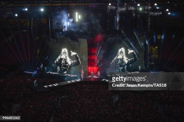 View of the crowd from above as Taylor Swift performs onstage during the Taylor Swift reputation Stadium Tour at FedExField on July 11, 2018 in...