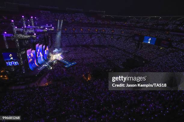 View of the crowd from above as Taylor Swift performs onstage during the Taylor Swift reputation Stadium Tour at FedExField on July 11, 2018 in...