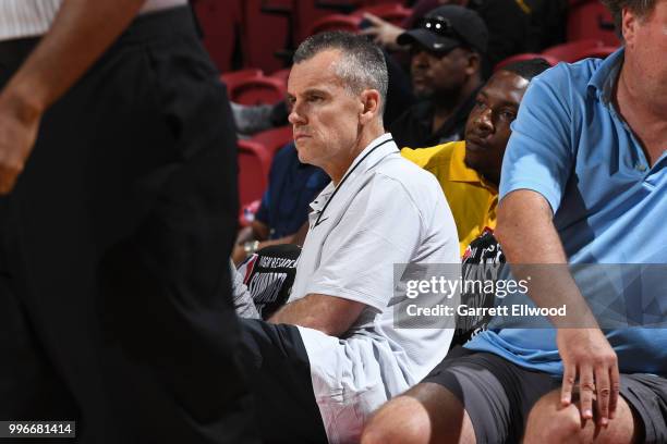 Head Coach Billy Donovan of the Oklahoma City Thunder looks on during the game against the Toronto Raptors during the 2018 Las Vegas Summer League on...