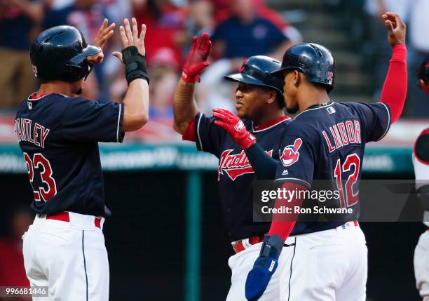 Jose Ramirez of the Cleveland Indians celebrates with Michael Brantley and Francisco Lindor after hitting a three run home run off Tanner Rainey of...