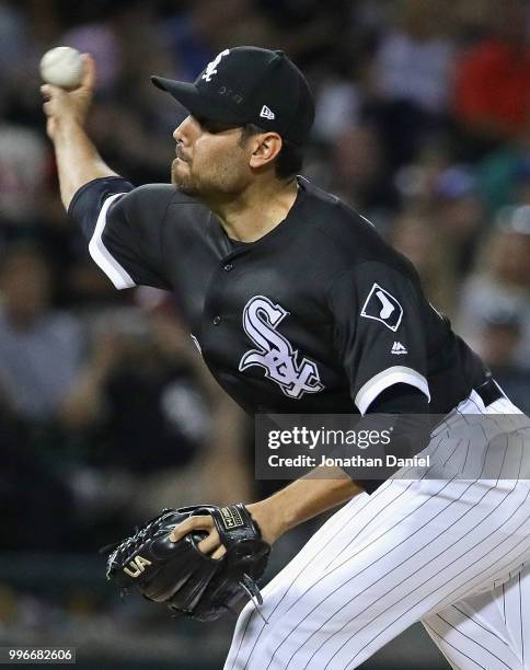 Joakim Soria of the Chicago White Sox pitches the 9th inning against the St. Louis Cardinals at Guaranteed Rate Field on July 11, 2018 in Chicago,...