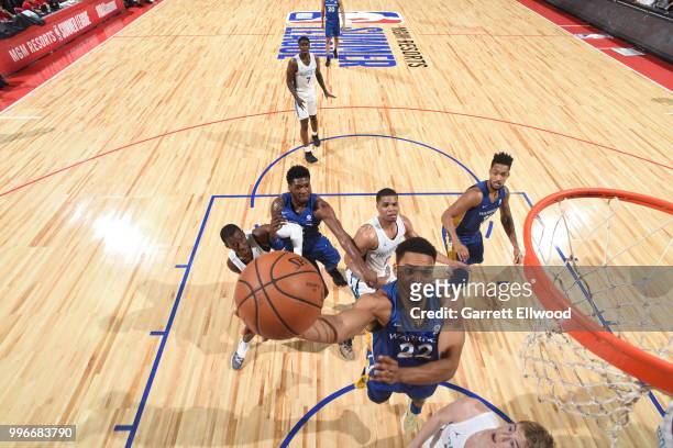 Jeff Roberson of Golden State Warriors goes to the basket against the Charlotte Hornets during the 2018 Las Vegas Summer League on July 11, 2018 at...