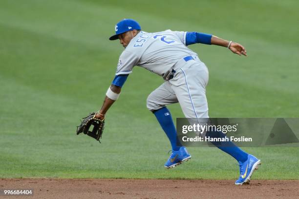 Alcides Escobar of the Kansas City Royals makes a play at shortstop against the Minnesota Twins during the game on July 9, 2018 at Target Field in...