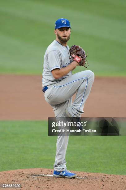 Danny Duffy of the Kansas City Royals delivers a pitch against the Minnesota Twins during the game on July 9, 2018 at Target Field in Minneapolis,...