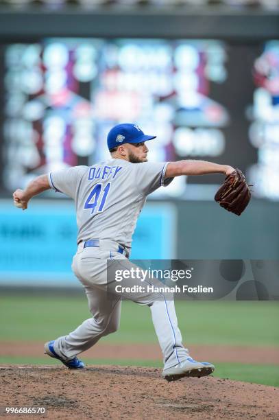 Danny Duffy of the Kansas City Royals delivers a pitch against the Minnesota Twins during the game on July 9, 2018 at Target Field in Minneapolis,...