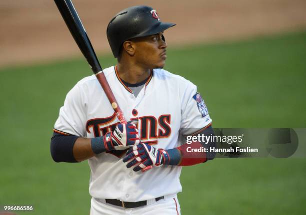Jorge Polanco of the Minnesota Twins reacts to striking out against the Kansas City Royals during the game on July 9, 2018 at Target Field in...