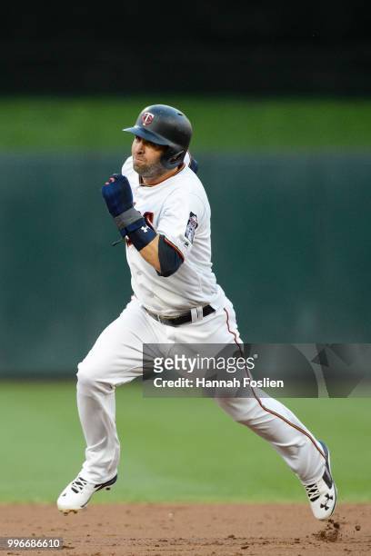 Brian Dozier of the Minnesota Twins runs the bases against the Kansas City Royals during the game on July 9, 2018 at Target Field in Minneapolis,...