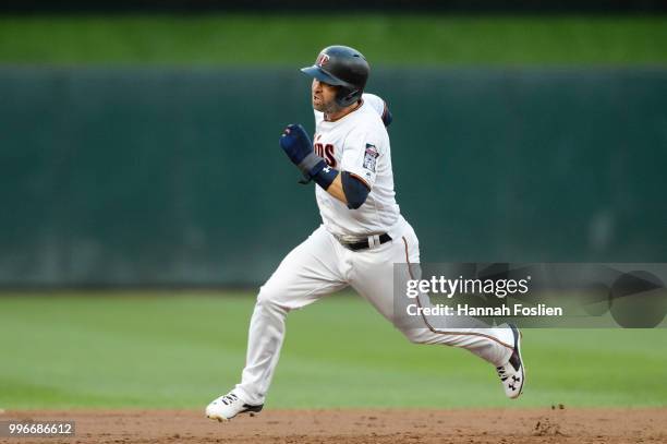 Brian Dozier of the Minnesota Twins runs the bases against the Kansas City Royals during the game on July 9, 2018 at Target Field in Minneapolis,...