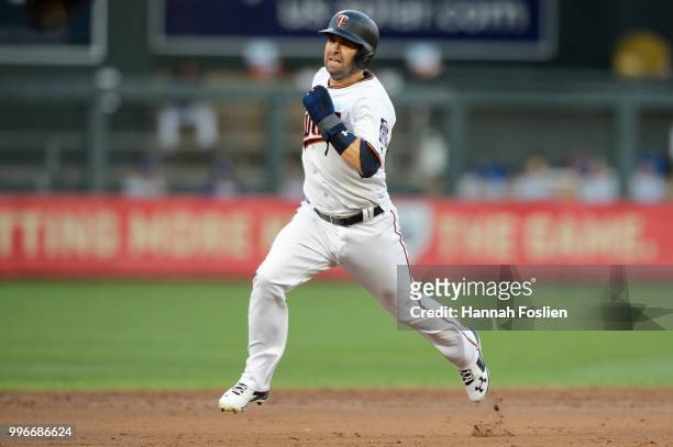 Brian Dozier of the Minnesota Twins runs the bases against the Kansas City Royals during the game on July 9, 2018 at Target Field in Minneapolis,...